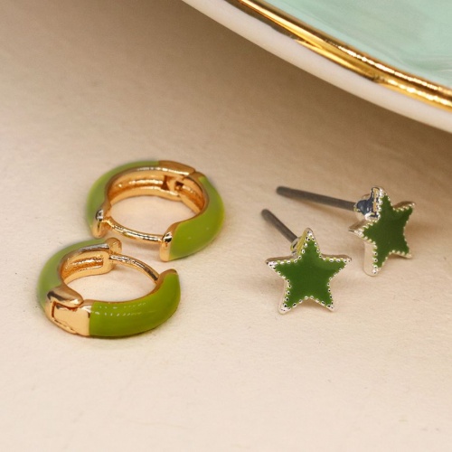 Golden and Green enamel hoop and star earring duo by Peace of Mind